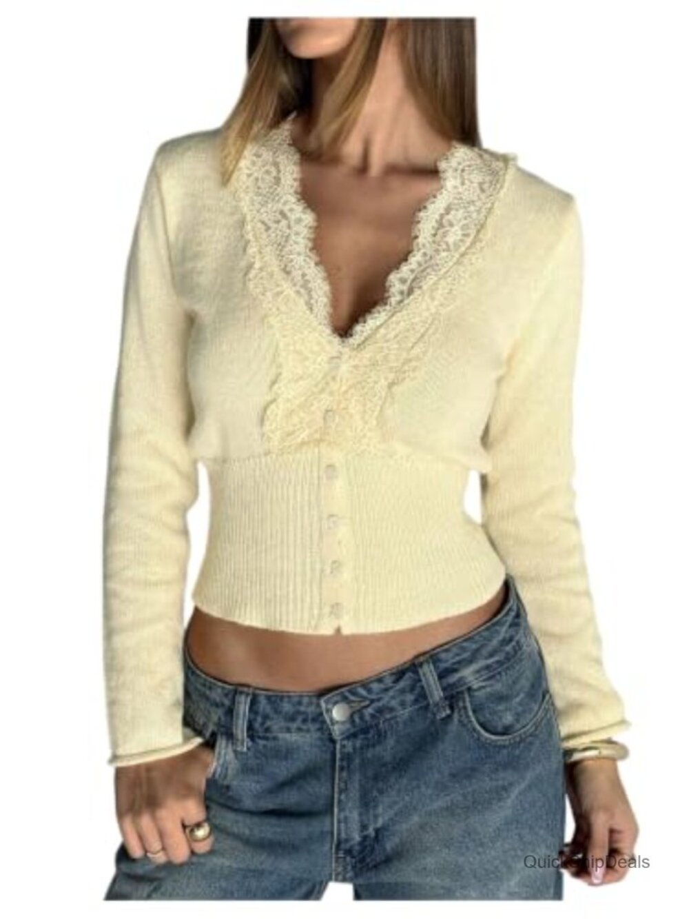 Lace Button Up Cardigan V Neck Cinched Waist Lightweight Sweater